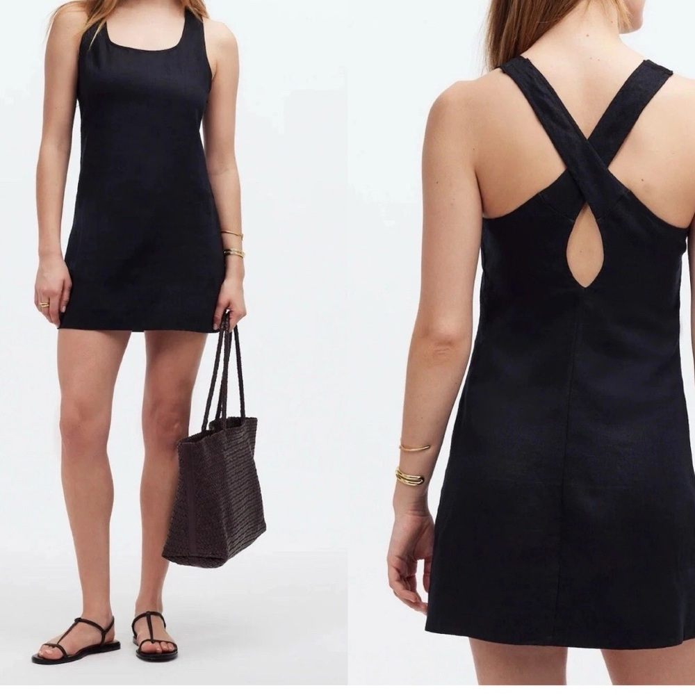 Madewell 100% Linen Cross Back A-Line Mini Dress Black Summer Vacation Size 12